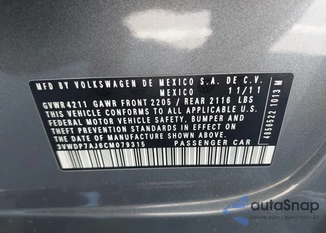 2012 Volkswagen Jetta 2.5L Se from USA, damaged, VIN 3VWDP7AJ6CM079315